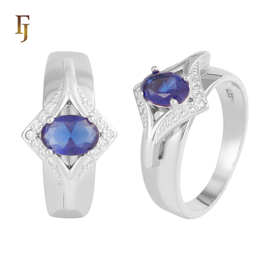 White Gold Plated Ring with Purple Blue Oval CZ and Geometric Frame | Elegant Fashion Jewelry | FJ Fallon