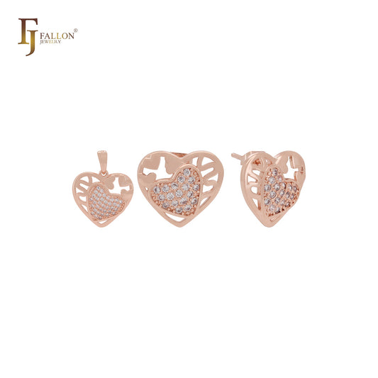 Conjunto de CZs brancos em ouro rosa com corações em conjunto