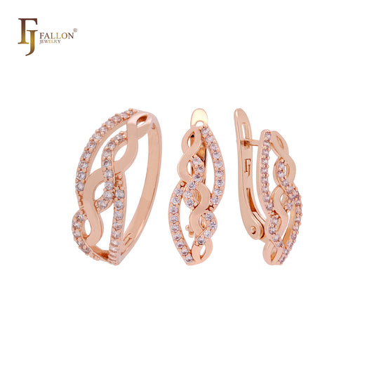 Conjunto de joias de ouro rosa com fitas cruzadas e anéis