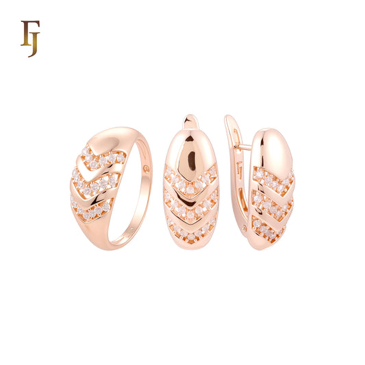 Chevron triple arrows of white CZs Rose Gold two tone Jewelry Set with Rings