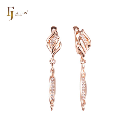 Feather cluster paved white CZs Rose Gold drop Russian Lock Earrings