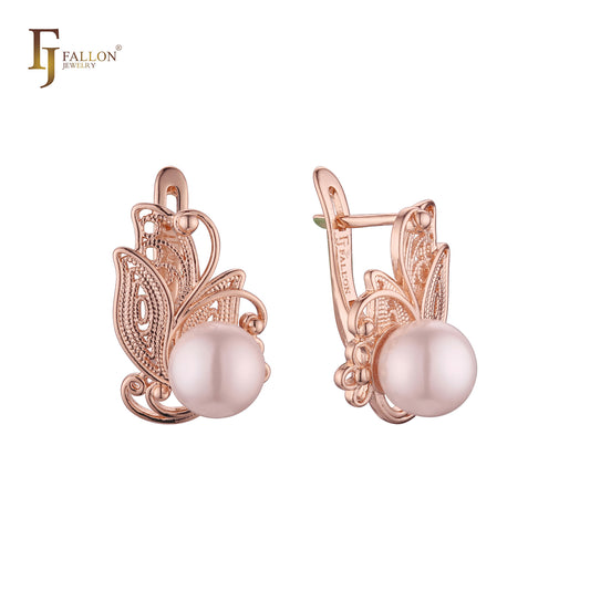 Butterfly pearl earrings in 14K Gold, Rose Gold plating colors