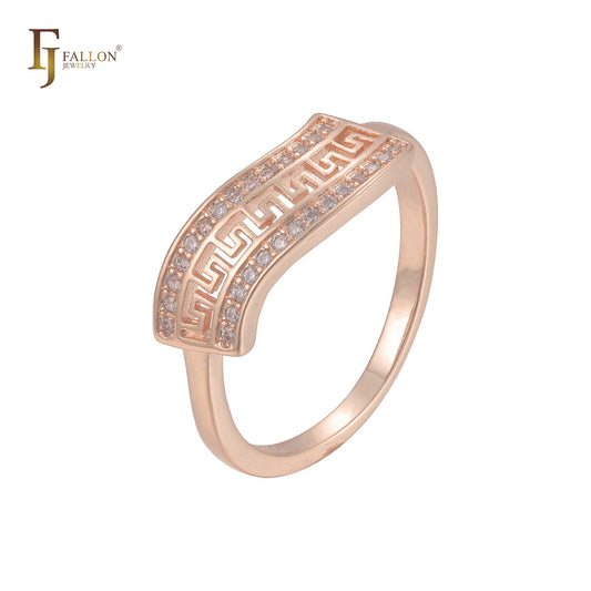 Chave grega pavimentada em ouro branco CZ 14K, anéis em ouro rosa