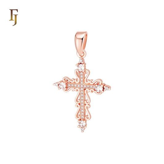 Latin Style Filigree white CZs paved Religious Rose Gold Christian Cross Pendant