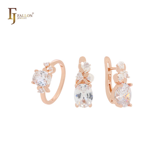 Conjunto de joyas Flora de oro rosa en dos tonos con solitario de circonita rosa de corte ovalado y anillos