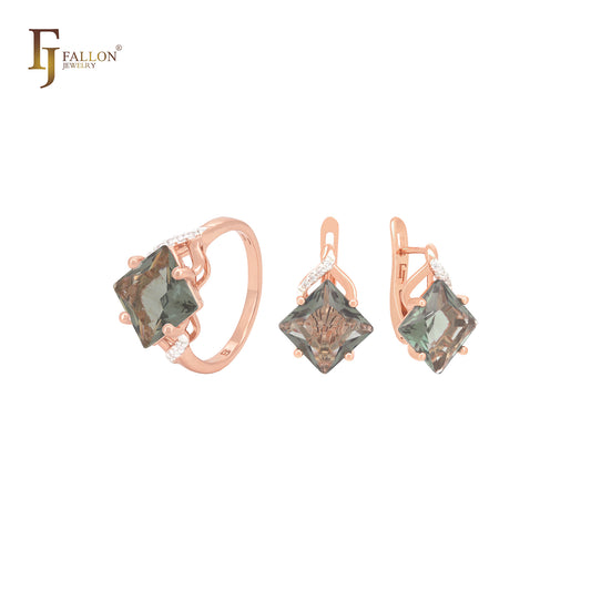 Rhombus big square white CZ Rose Gold Jewelry Set with Rings