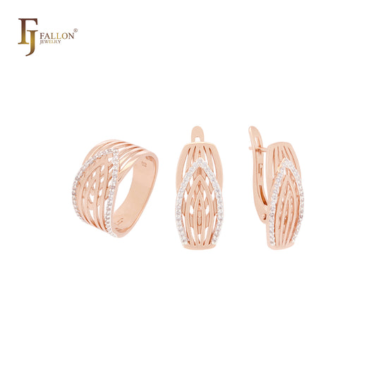 Overlapping thousand crossing net of white CZs Rose Gold two tone Jewelry Set with Rings