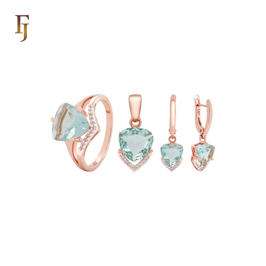 Triangular white CZ with arrow of white CZs Rose Gold two tone Jewelry Set with Rings and Pendant