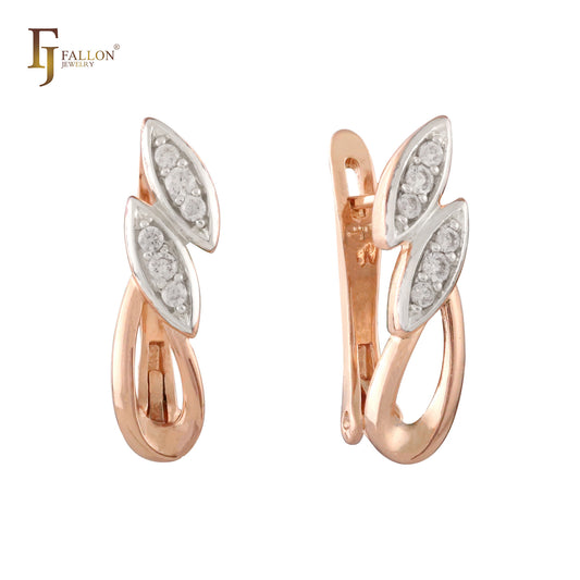 Double Marquise silver leaves Rose Gold two tone Russian Lock Earrings