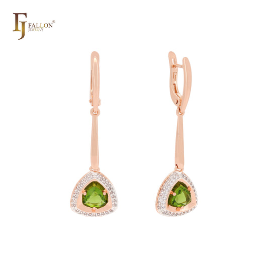 Solitaire triangular yellow apple green Rose Gold drop Russian Lock Earrings