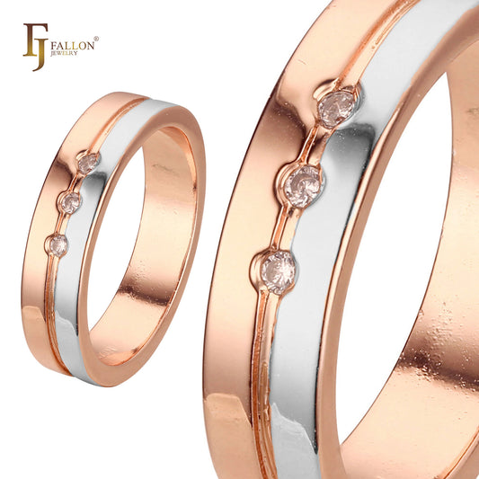 Three stones wedding rings in Rose Gold, two tone Wedding Bands Rings