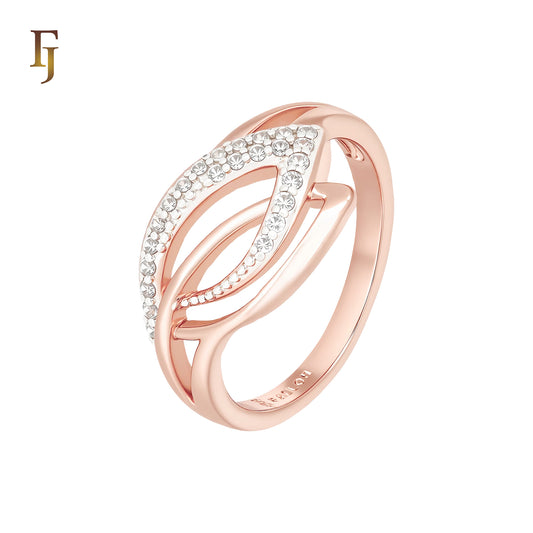 Double Leaves of silver paved white CZs cluster Rose Gold two tone Fashion Rings