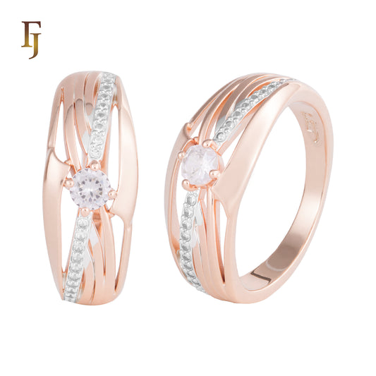 Rose Gold Ring with Round White CZ and Streamlined Accent – Elegant Fashion Jewelry by FJ