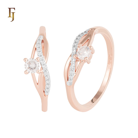 Elegant Rose Gold Ring with White CZ and Curved Accent – Classic Sparkle by FJ