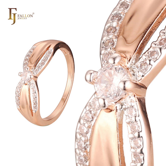Rose Gold two tone solitaire rings paving stones