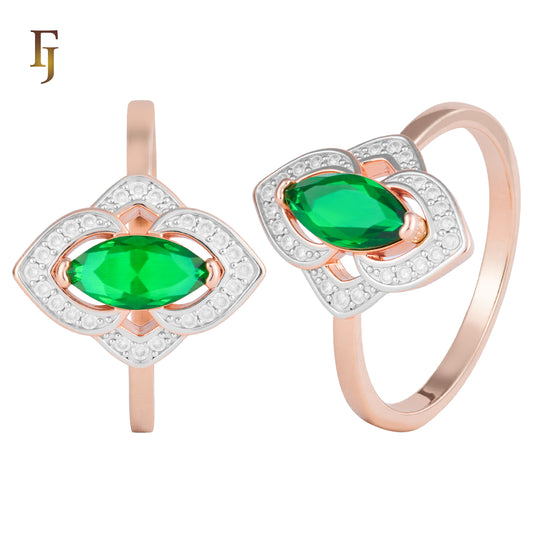 Rose Gold Ring with Marquise Green CZ and Pave Halo | Elegant Cocktail or Party Ring | FJ Fallon Jewelry