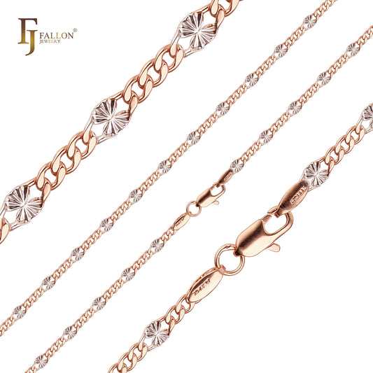 Figaro fancy link sunburst hammered chains plated in Rose Gold two tone