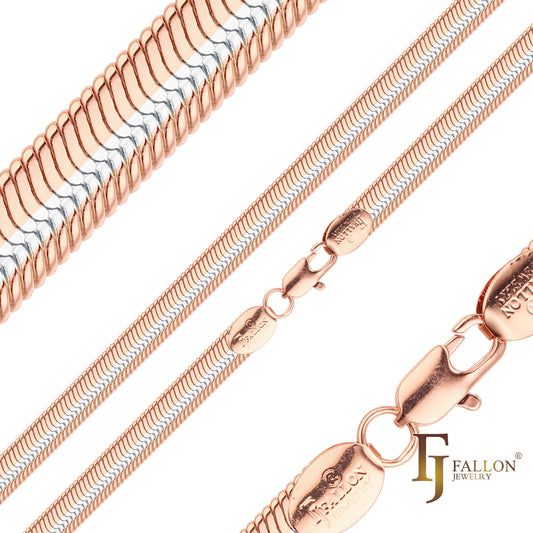 Classic flat snake Herringbone chains plated in 14K Gold, Rose Gold, two tone