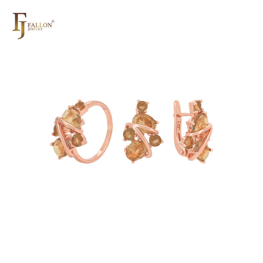 🔥 Great cluster of big CZs of red coffee Rose Gold Jewelry Set with Rings and Pendant