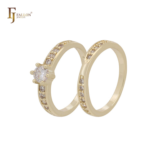 Cluster White CZs 14K Gold Wedding Set Rings