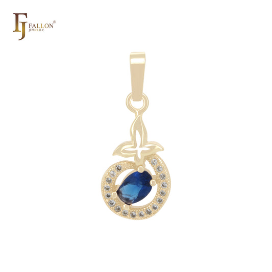 Solitaire Deep Blue CZ of Leave 14K Gold, Rose Gold Pendant