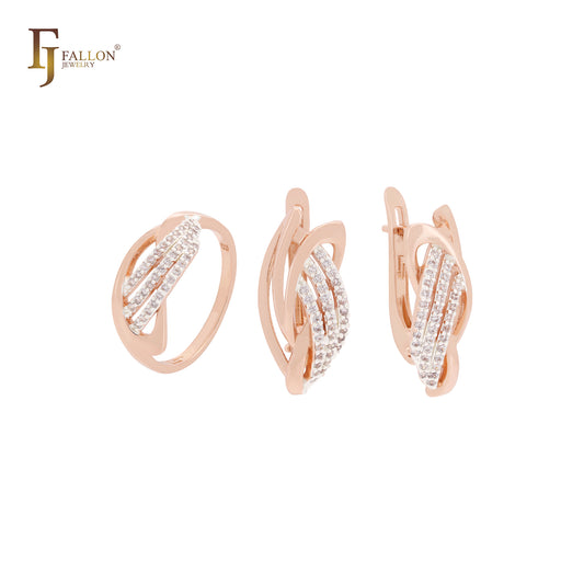 Conjunto de joias em dois tons de ouro rosa com três camadas de zircônias cúbicas brancas entrelaçadas e anéis