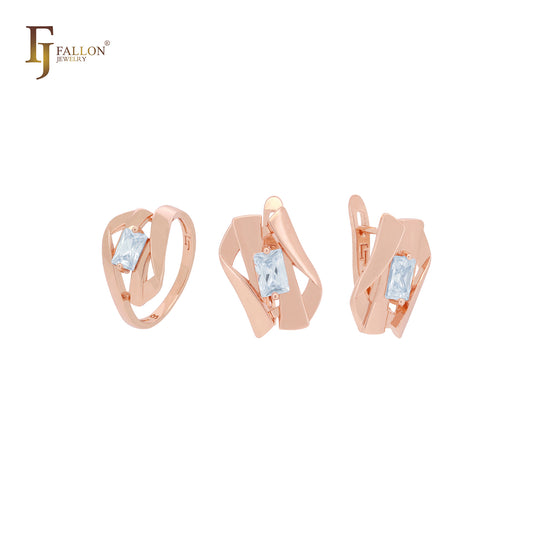 Doppelt gedrehte Bänder, ineinander verschlungen mit Solitär-Schmuckset aus Roségold mit Smaragdschliff und Zirkonia und Ringen