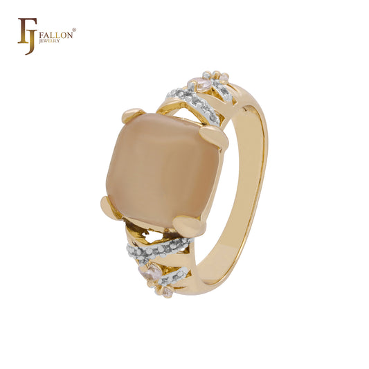 Anéis da moda em dois tons, solitário, grande cabochão quadrado, CZ, ouro rosa, ouro 14K