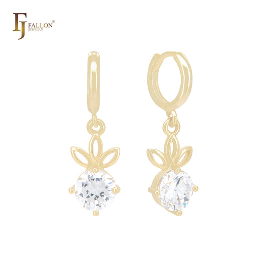 Solitaire white CZs drop flowers 14K Gold Huggie Earrings
