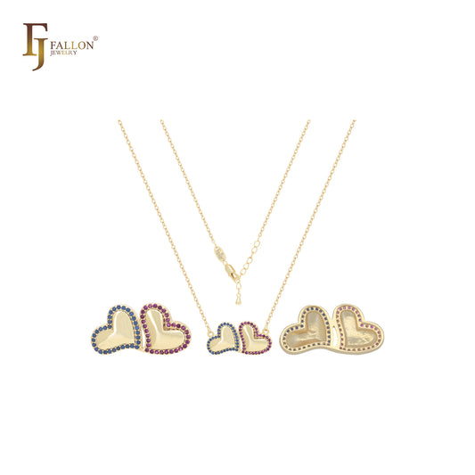 Colar com dois corações de zircônias cúbicas coloridas em azul e rosa, ouro 14K e ouro rosa