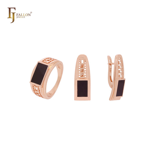 Conjunto de joyas de oro rosa con anillos y diseño de llave griega con meandro negro cuadrado