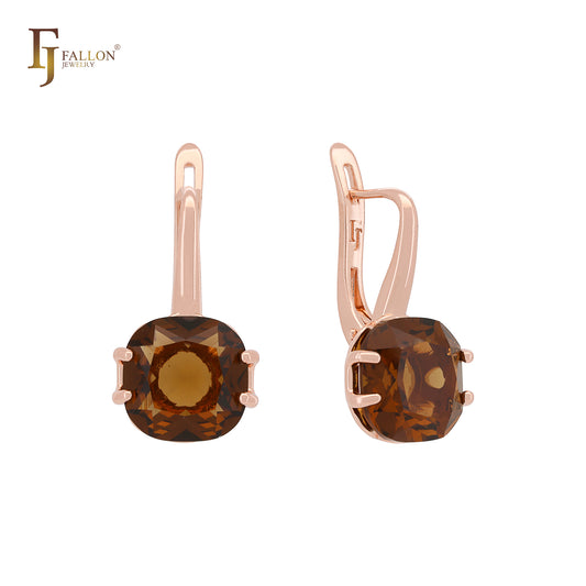 Solitaire Coffee 12mm Rounded CZ Rose Gold Russian Lock Earrings
