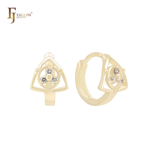 Triangular of triple white CZs 14K Gold Huggie Earrings