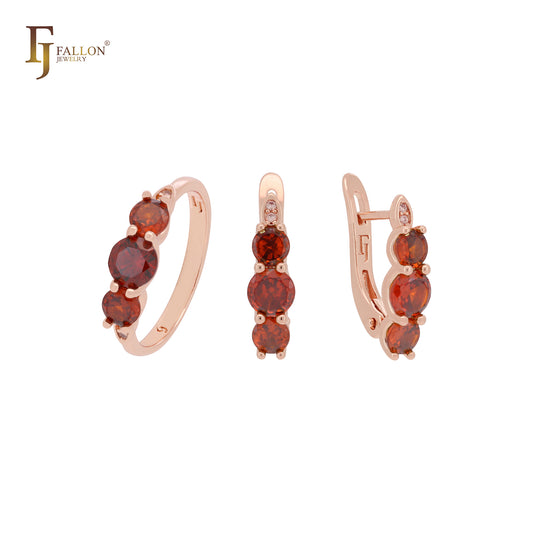 Compact Triple rounded Scarlet Red CZs Rose Gold Jewelry Set with Rings