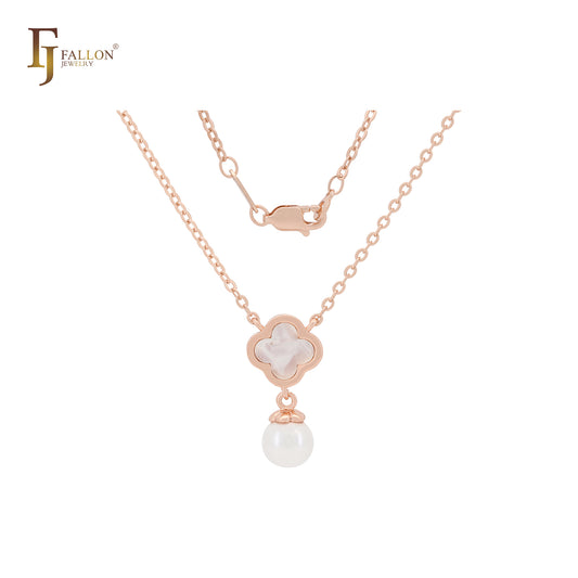 Pearl with Clover of white or Black Rose Gold Fashion Necklace