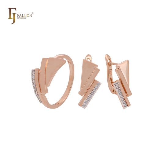 Gemetric triangular of white CZs Rose Gold two tone Jewelry Set with Rings