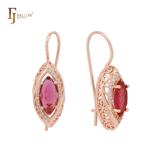 Luxurious Marquise Red Filigree CZ Rose Gold Wire Hook Earrings