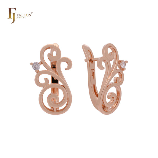 Filigree branches of white CZ Rose Gol Russian Lock Earrings