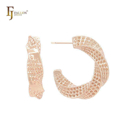 Mesh twisted waffle C hoop 14K Gold, Rose Gold, White Gold Stud Earrings