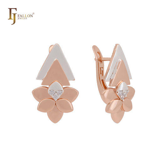 Double triangular on clover flower white CZs Rose Gold two tone Russian Lock Earrings