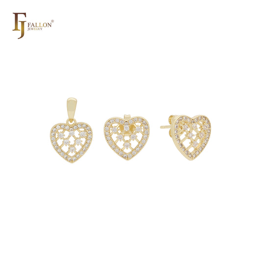 Petit tiny Net Cluster weiße CZs Herzform 14K Gold Schmuckset mit Anhänger und Ohrstecker