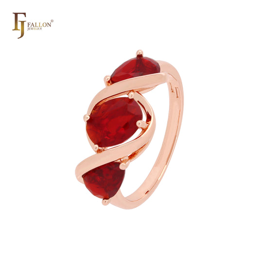 Anéis da moda em ouro rosa com zircônias cúbicas coloridas de três grupos