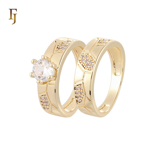 Section of nugget of white CZs 14K Gold Wedding Set Rings Engagement and Band