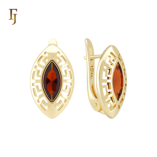 Greek Key meander 14K Gold Red Scarlet CZ Russian Lock Earrings
