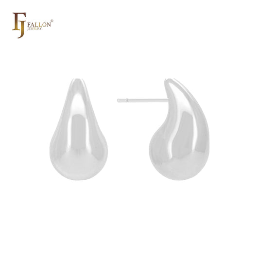 Big glossy curved teardrop shaped 14K Gold, Rose Gold, White Gold Stud Earrings