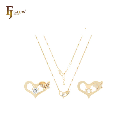 Herz aus Solitär-Halskette aus weißem Zirkonia und Schmetterling aus 14 Karat Gold