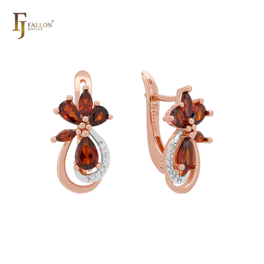 Cluster Red Czs Blooming Flower Rose Gold Russian Lock Earrings