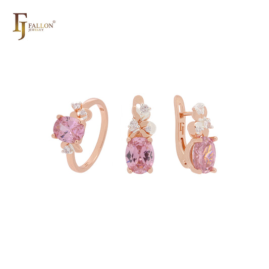 Conjunto de joyas Flora de oro rosa en dos tonos con solitario de circonita rosa de corte ovalado y anillos