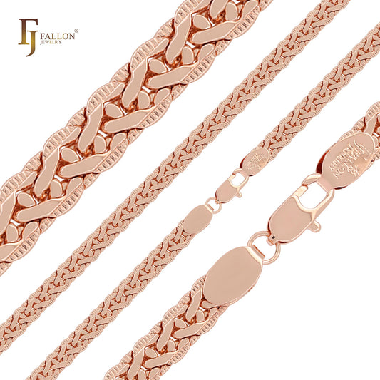 Compact Rounded C link 14K Gold, Rose Gold Side Hammered spiga Wheat chains