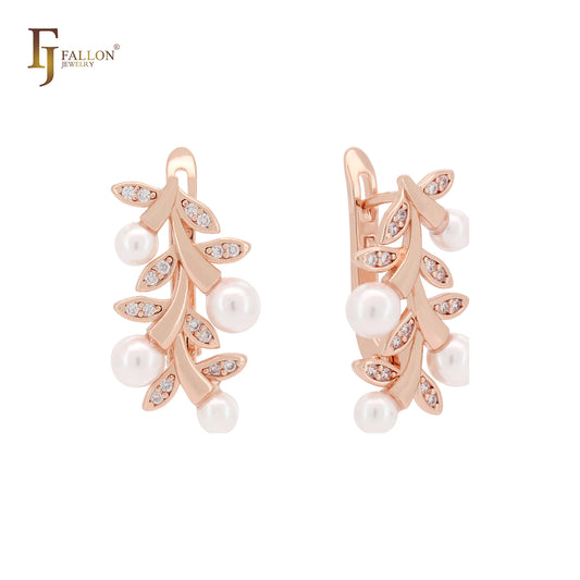 Branches of pearls 14K Gold, Rose Gold, White Gold Russian Lock Earrings